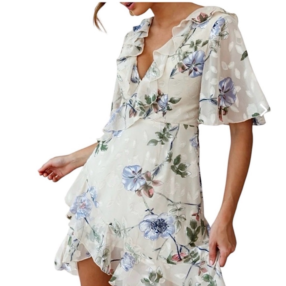 Here comes the sun Ivory Floral Ruffle V-Neck Mini Dress